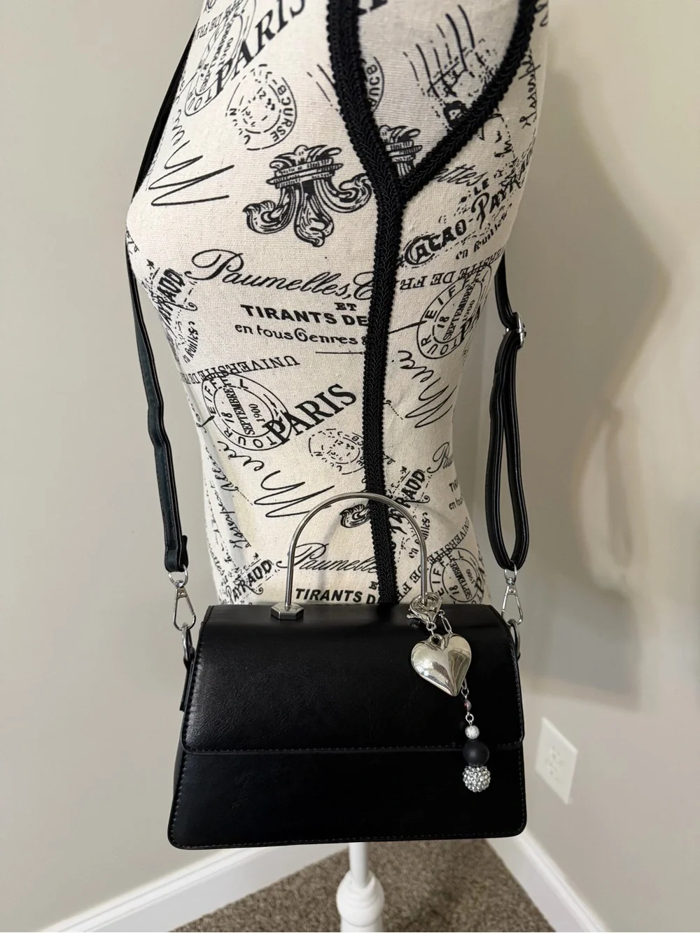 Women's Top-Handle Bag Black with Heart Scarf Accent